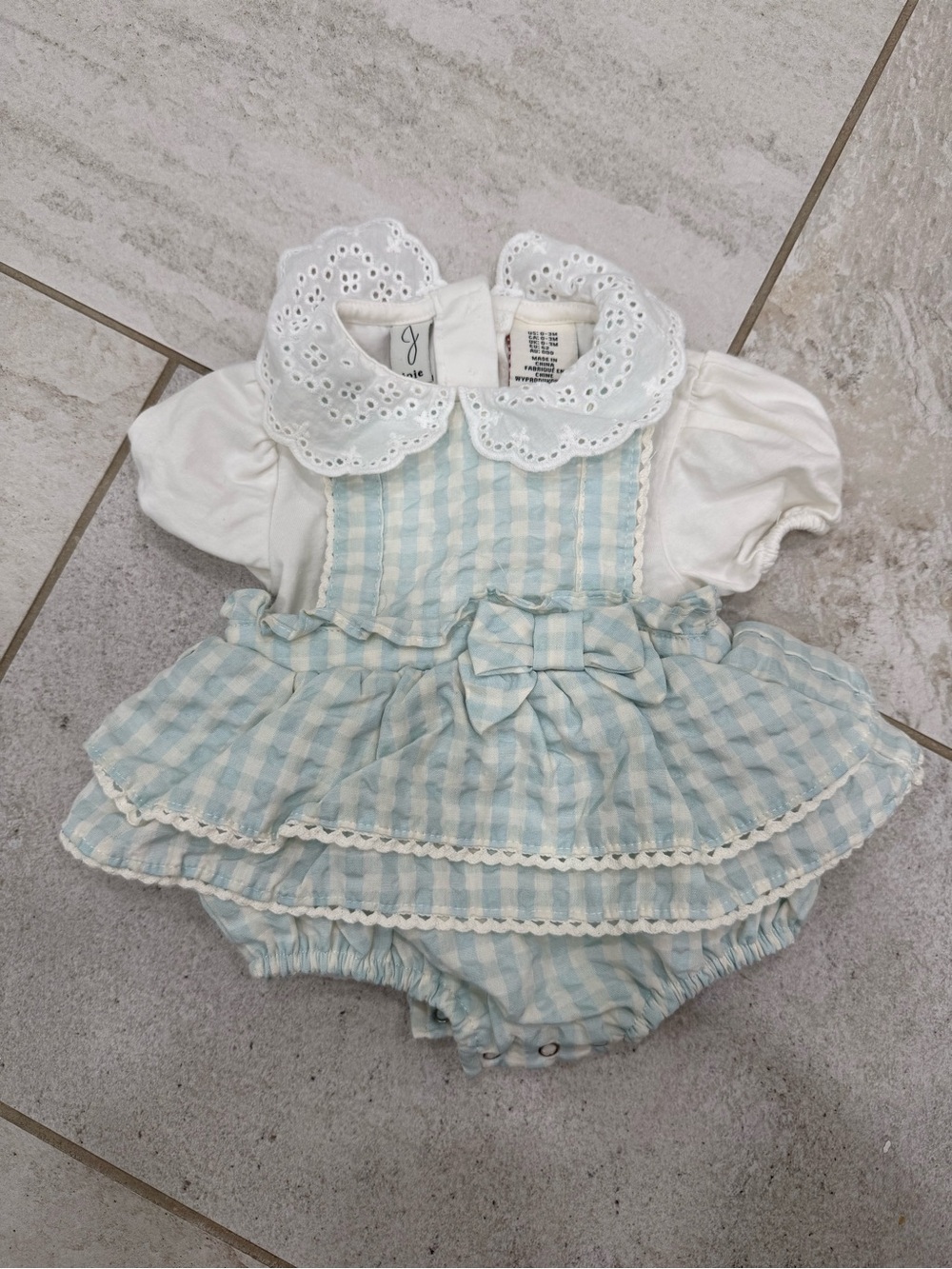 Joie Baby Blue Gingham Dress Romper with White Eyelet Collar